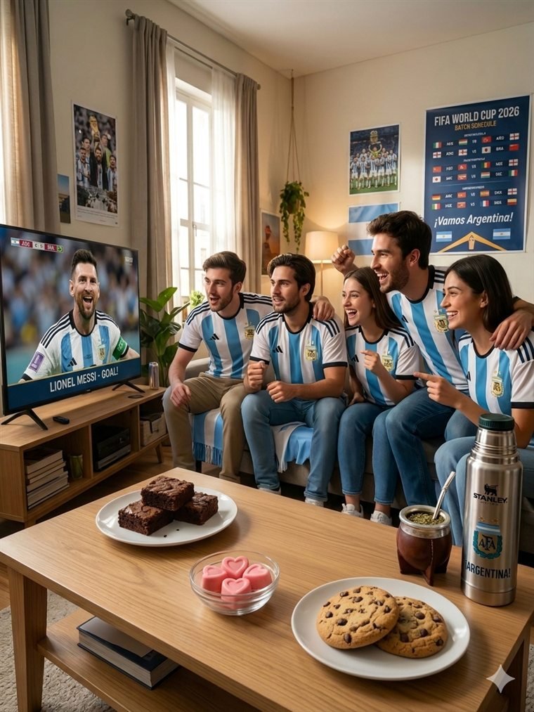 Amigos mirando el Mundial con el combo en la mesa